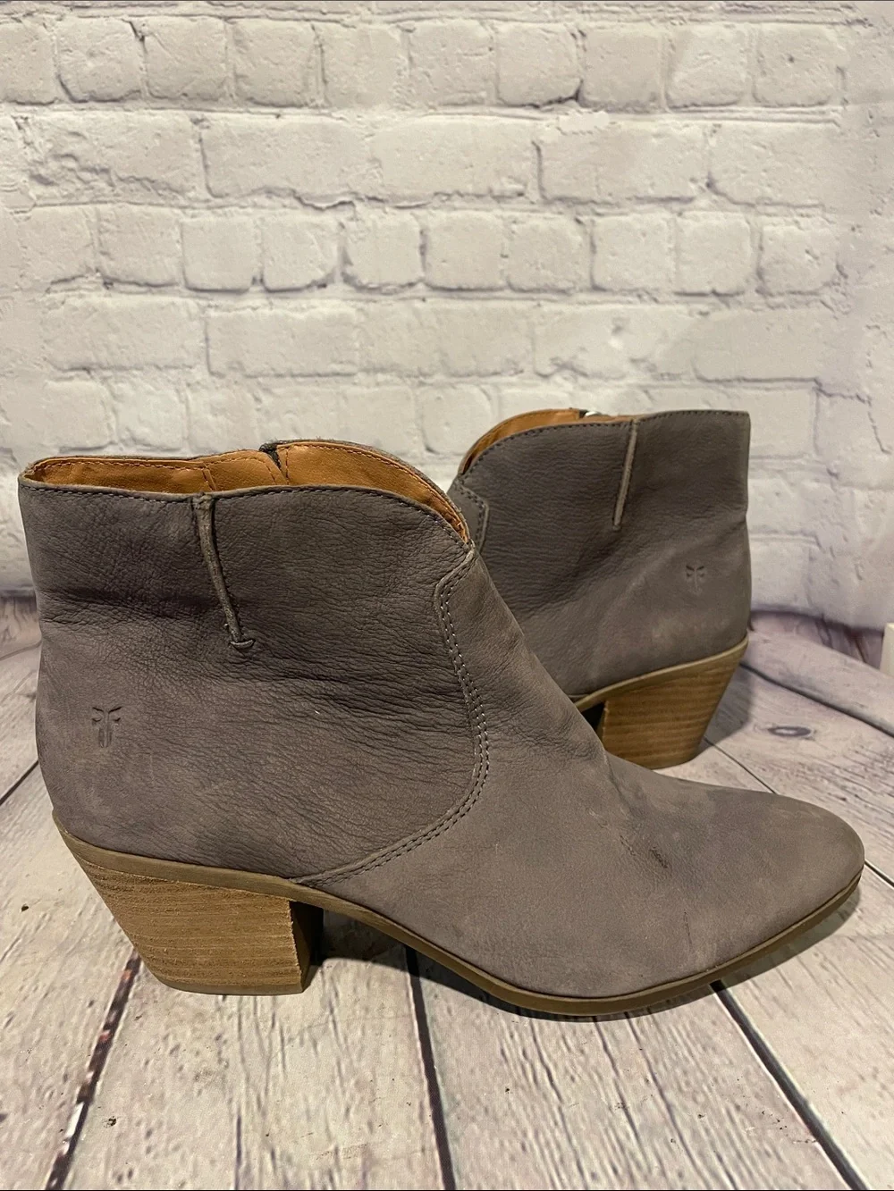 Frye Gray Suede Ankle Booties with Low Stacked Heel 9.5